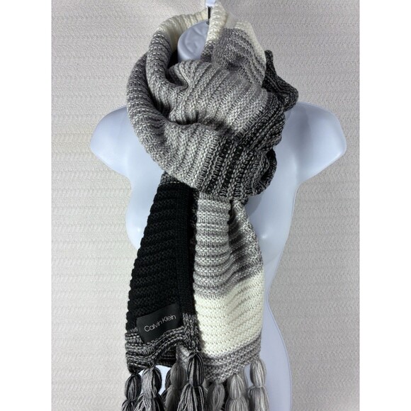 Winter Knitted Thick Scarf Calvin Klein Tassels Black White Gray One Size - Picture 6 of 13
